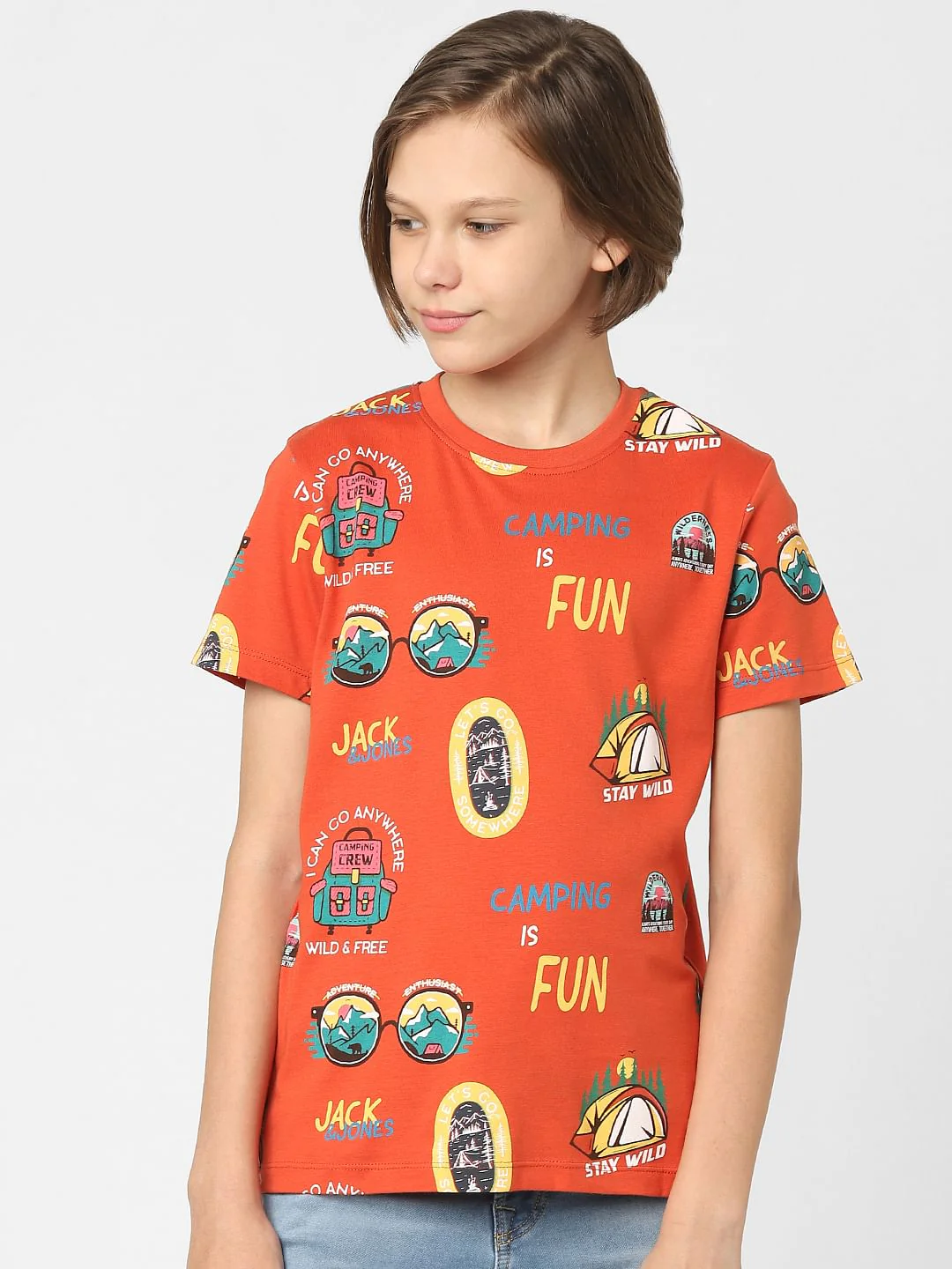 Boys Orange Printed Crew Neck T-shirt - Image 2