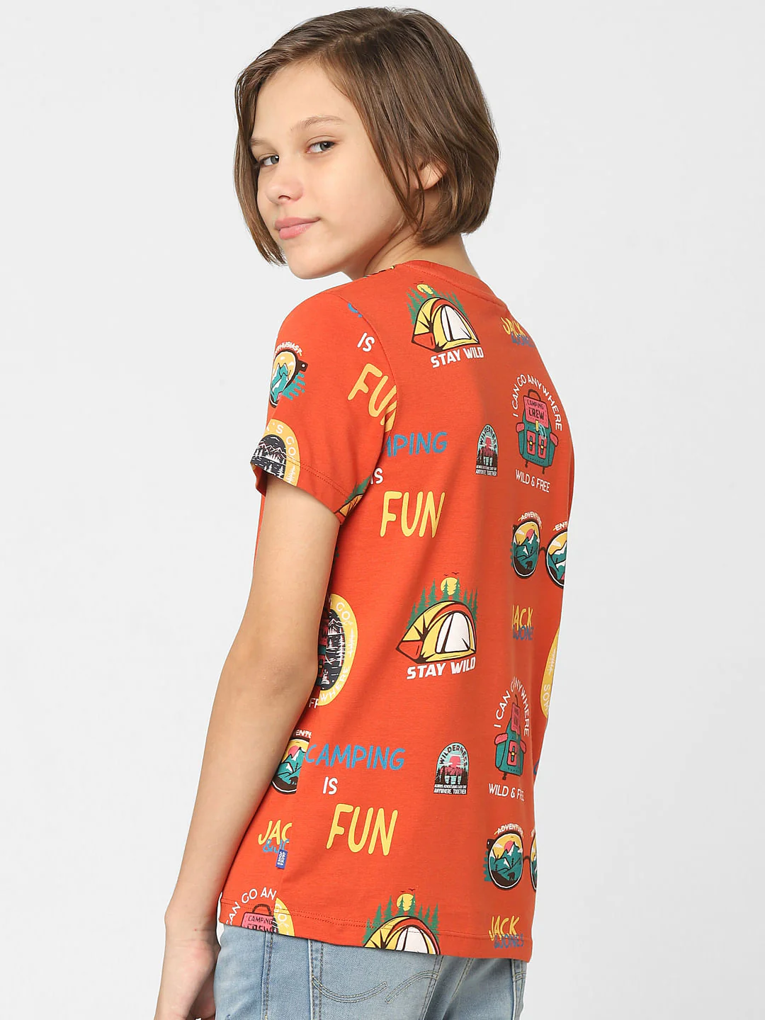 Boys Orange Printed Crew Neck T-shirt - Image 4