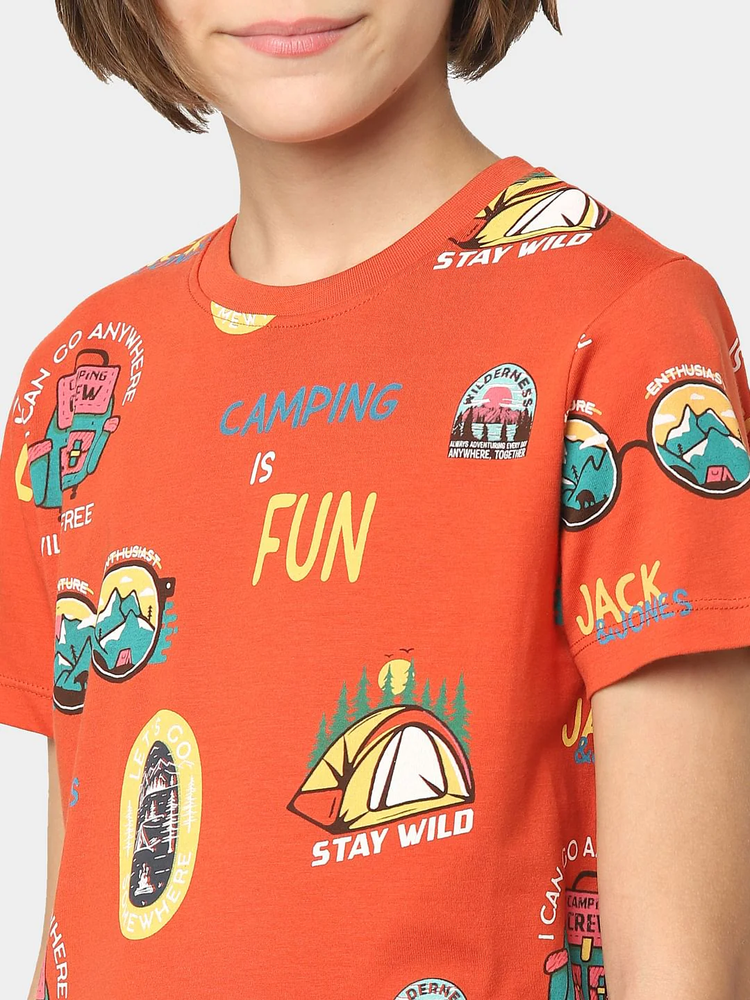 Boys Orange Printed Crew Neck T-shirt - Image 5