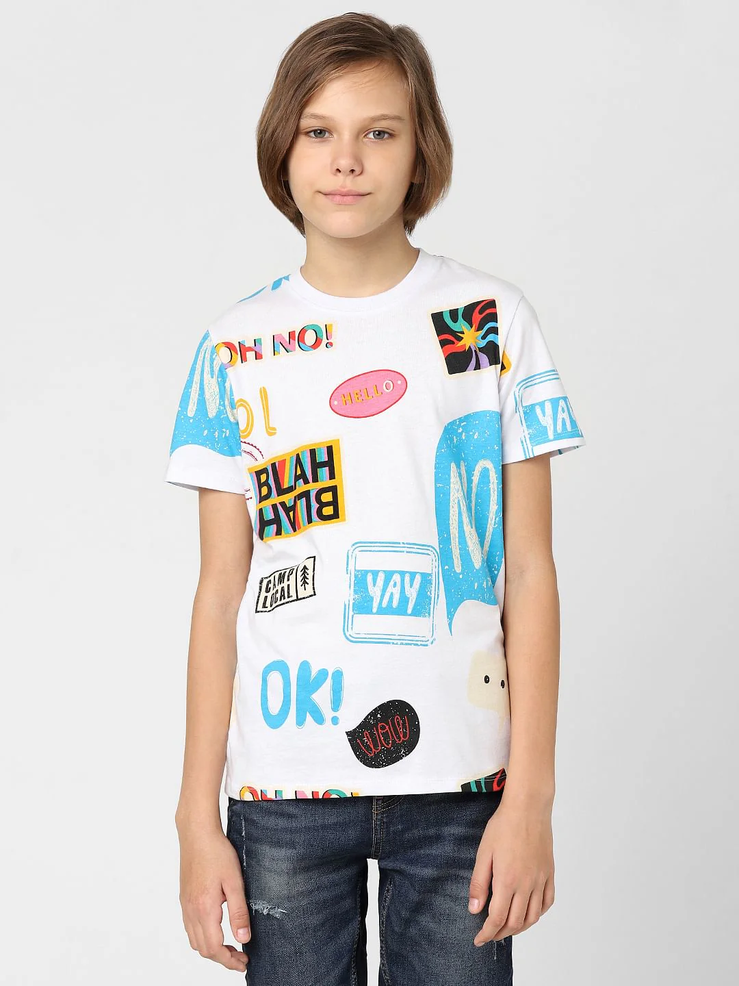 Boys White Printed Crew Neck T-shirt - Image 2