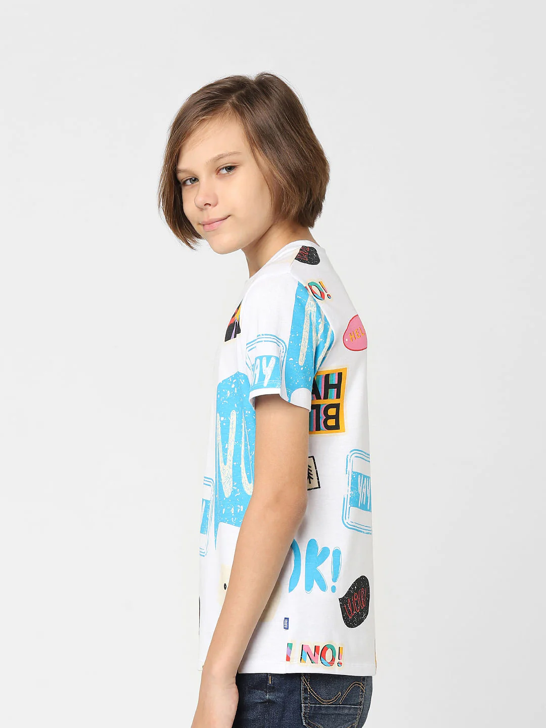 Boys White Printed Crew Neck T-shirt - Image 3