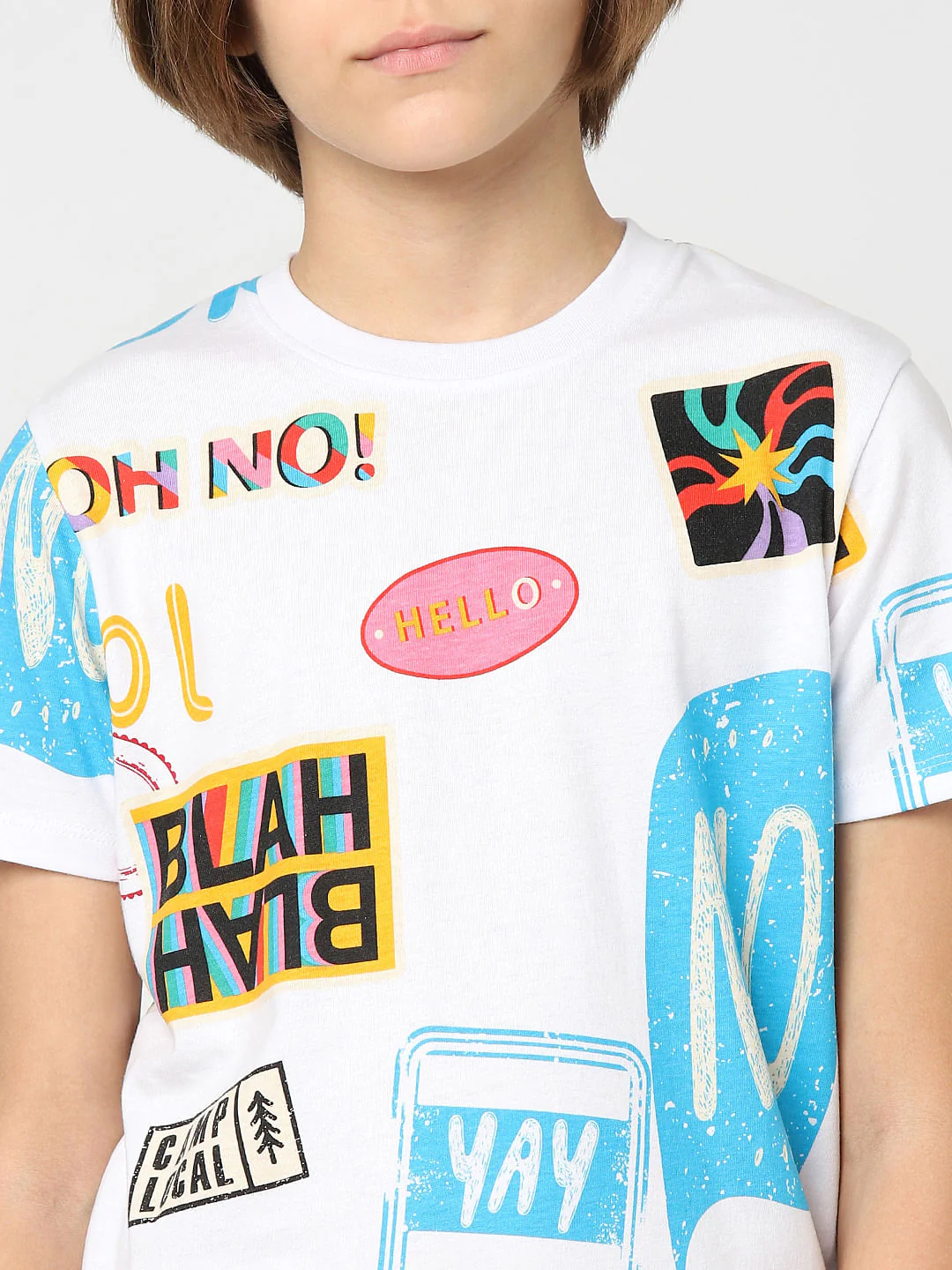 Boys White Printed Crew Neck T-shirt - Image 5