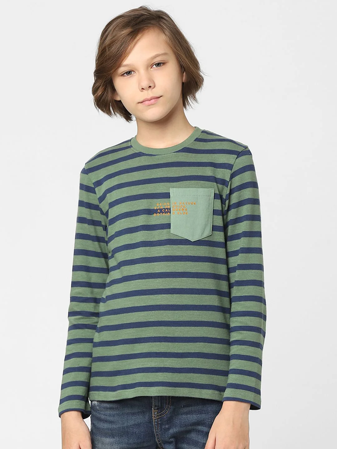 Boys Green Striped Crew Neck T-shirt - Image 2