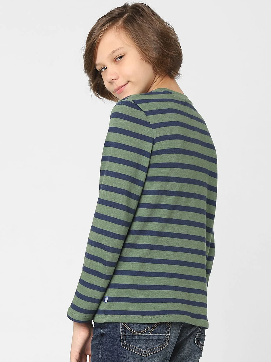 Boys Green Striped Crew Neck T-shirt - Image 4