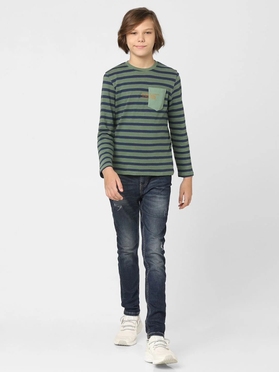 Boys Green Striped Crew Neck T-shirt - Image 6