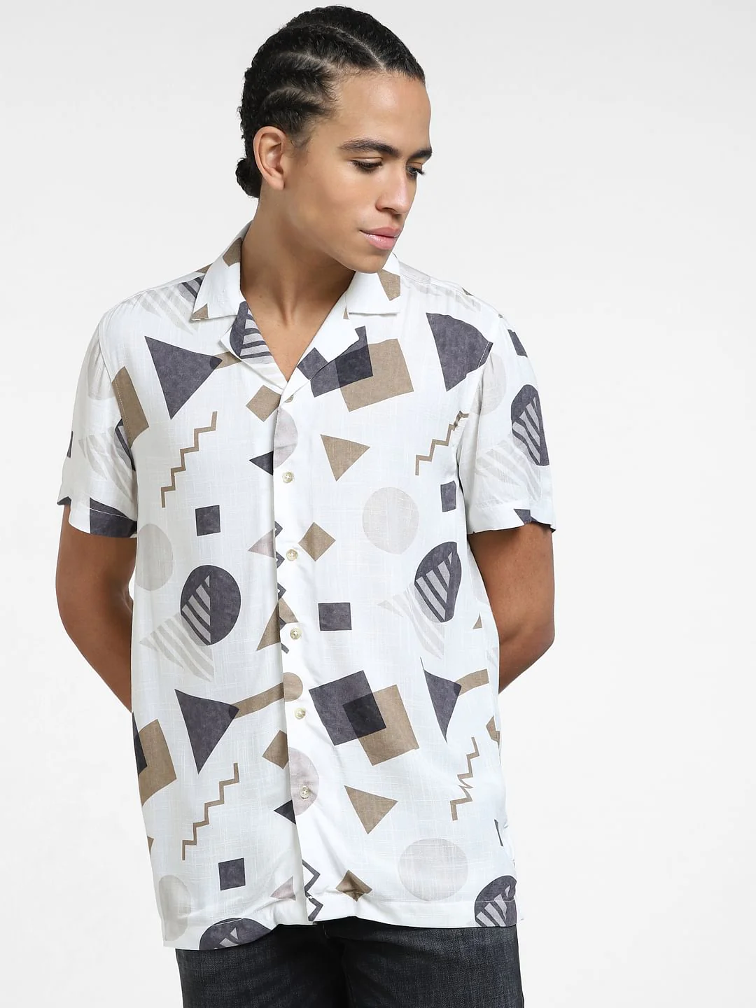 Beige Geometric Print Short Sleeves Shirt - Image 2