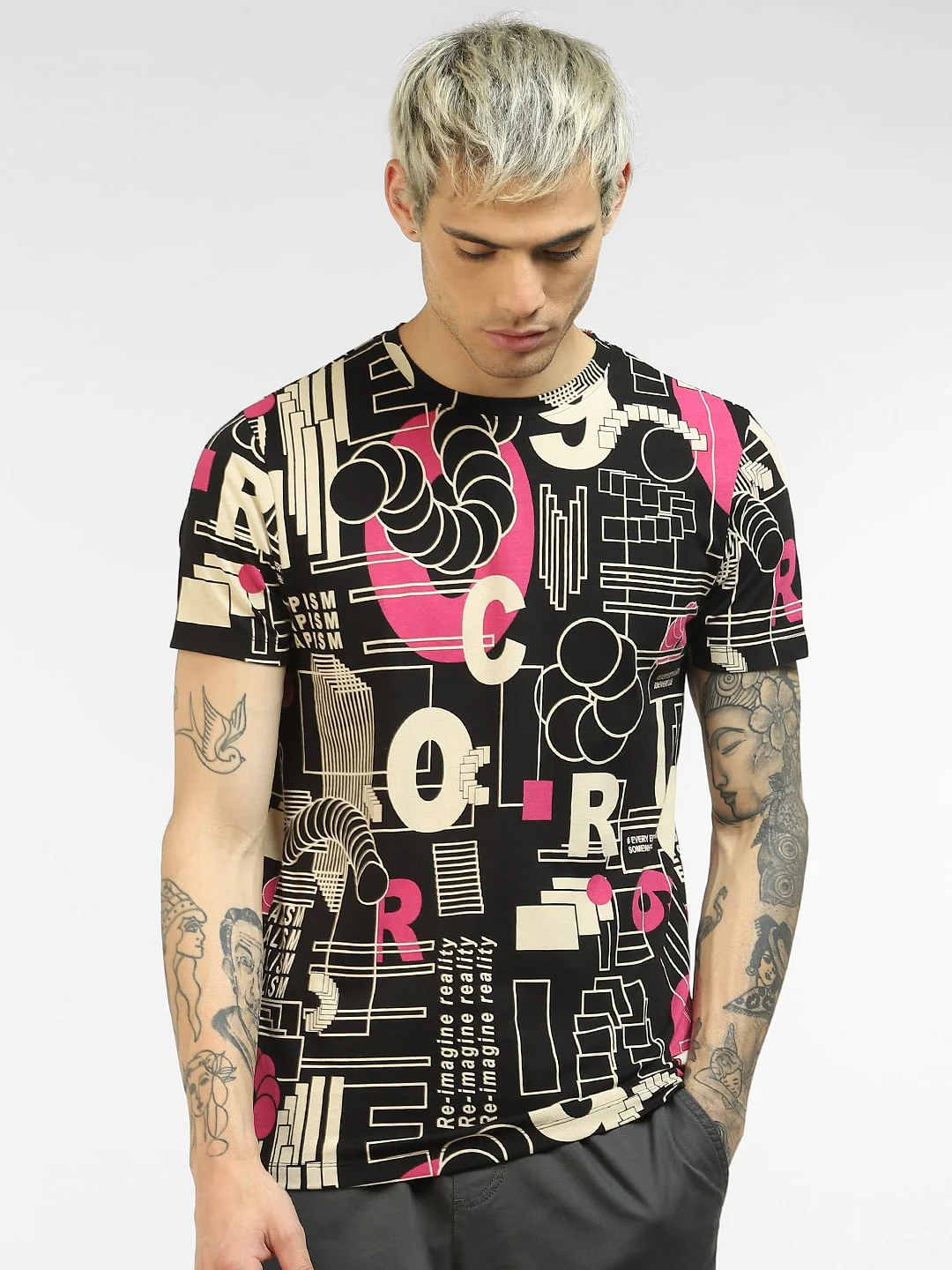 Black Abstract Print Crew Neck T-shirt - Image 2
