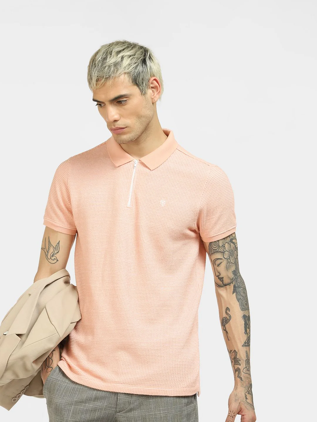Peach Textured Knit Polo Neck T-shirt