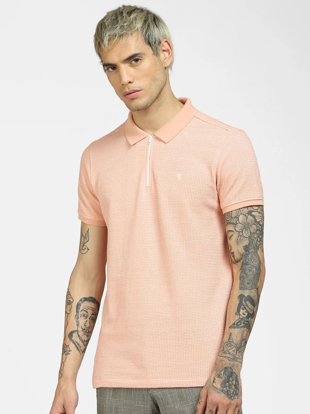 Peach Textured Knit Polo Neck T-shirt - Image 2