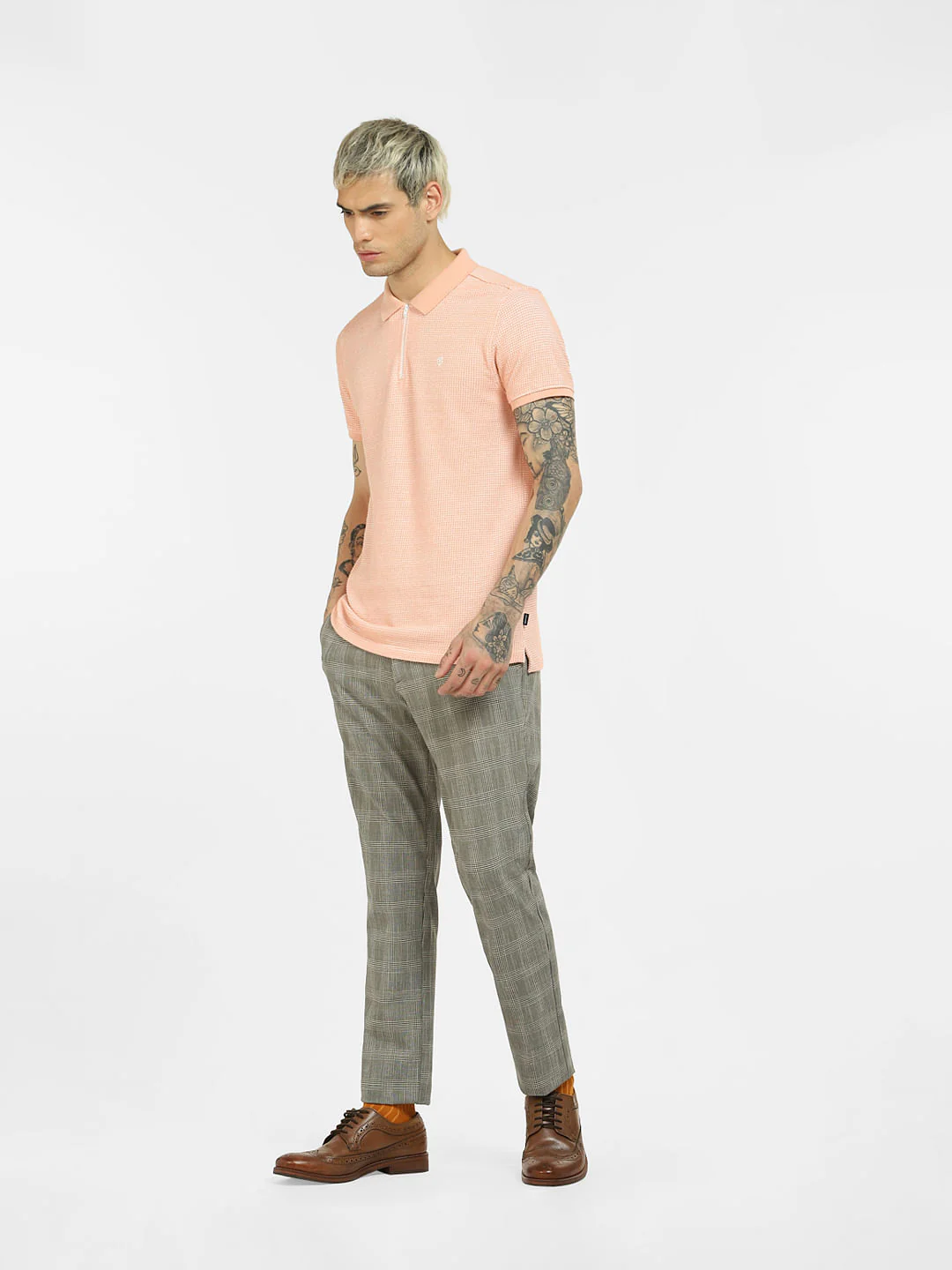 Peach Textured Knit Polo Neck T-shirt - Image 6