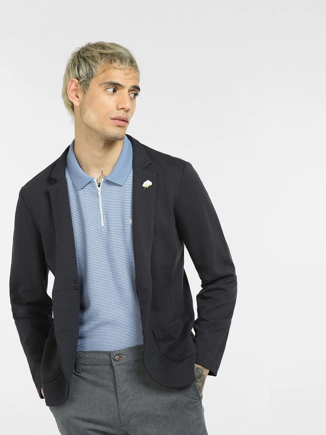 Blue Textured Knit Polo Neck T-shirt