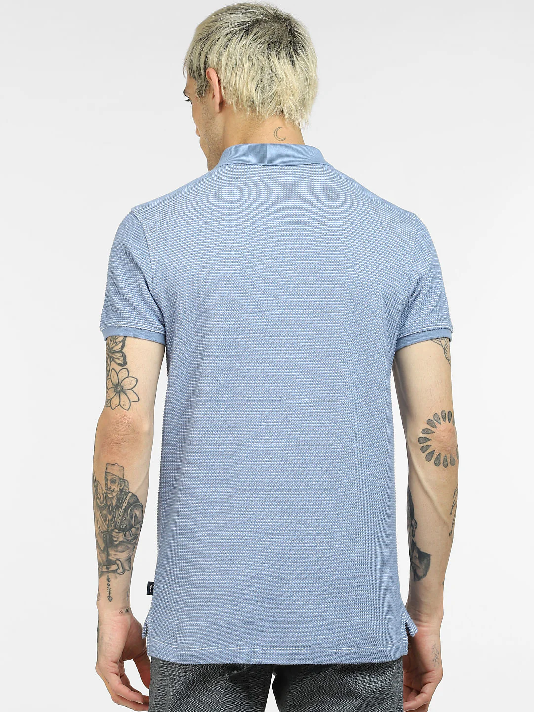 Blue Textured Knit Polo Neck T-shirt - Image 4