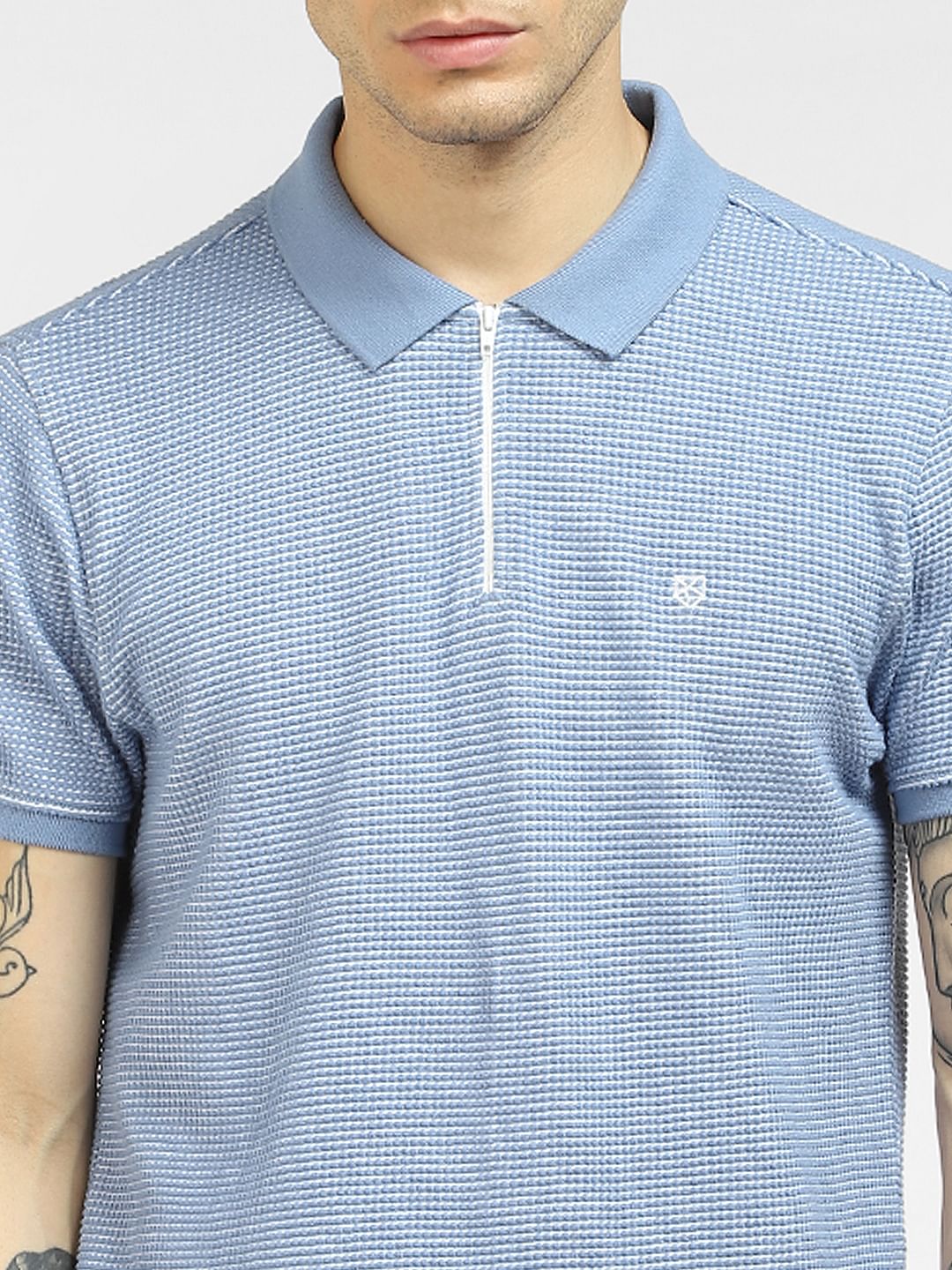 Blue Textured Knit Polo Neck T-shirt - Image 5
