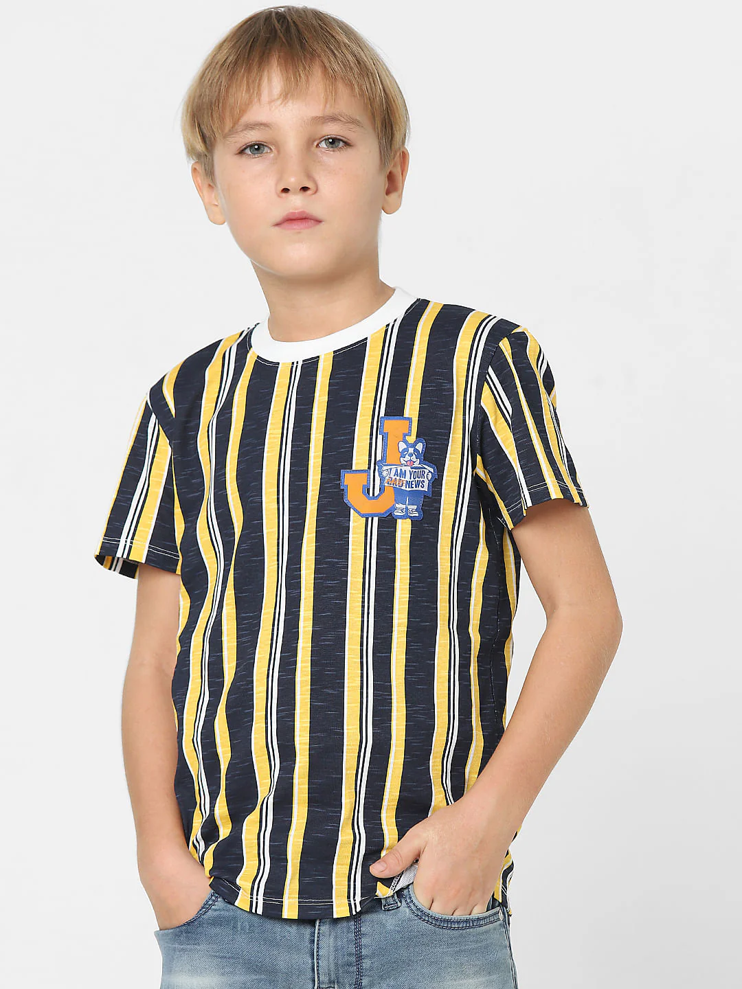 Boys Yellow Striped Crew Neck T-shirt - Image 2