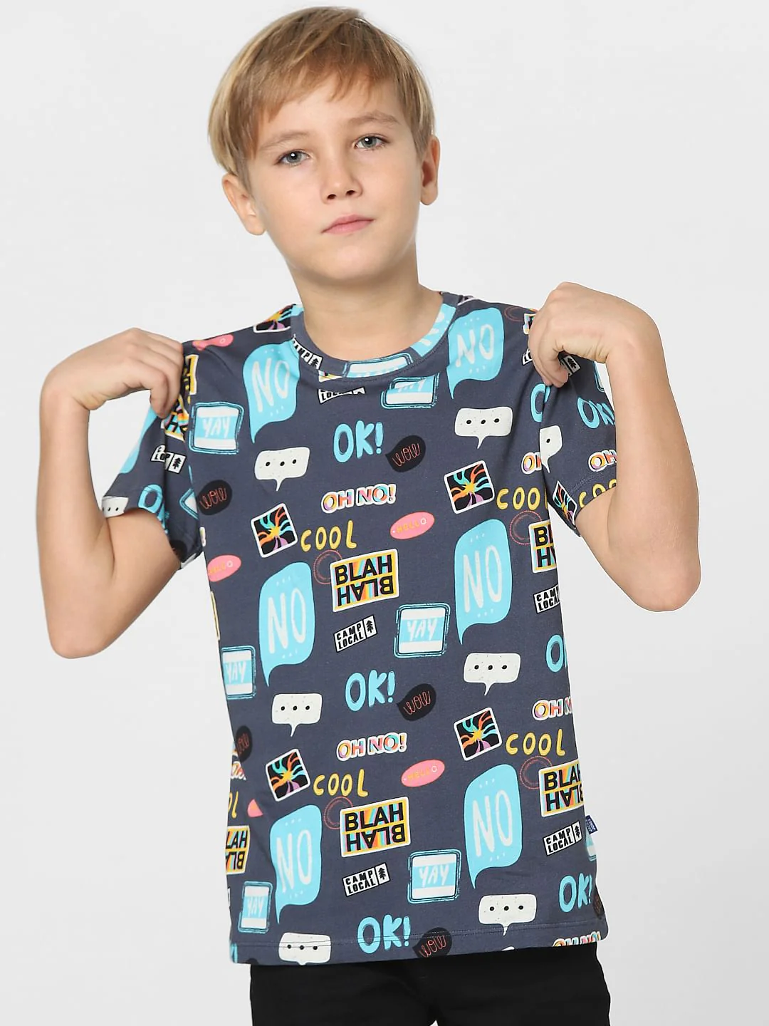 Boys Navy Blue Printed Crew Neck T-shirt - Image 2