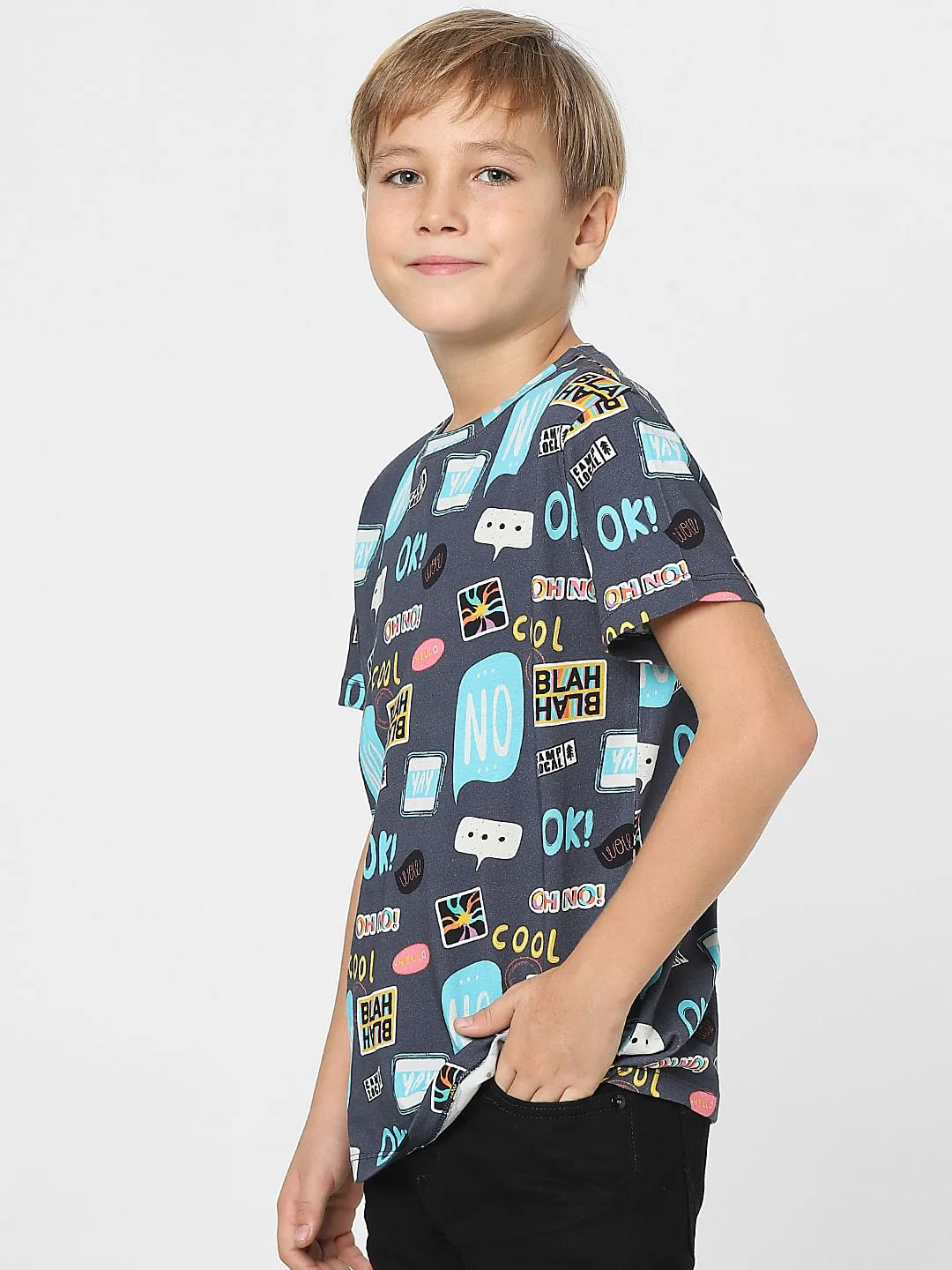 Boys Navy Blue Printed Crew Neck T-shirt - Image 3