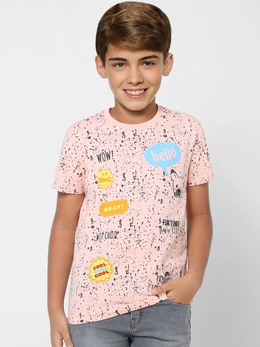 Boys Peach Printed Crew Neck T-shirt - Image 2