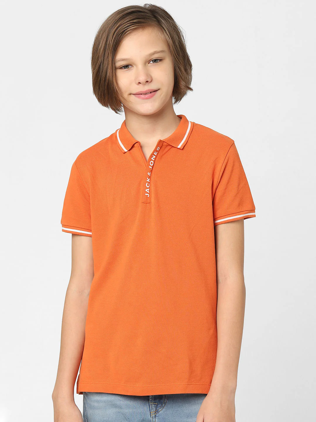 Boys Orange Logo Print Polo Neck T-shirt - Image 2