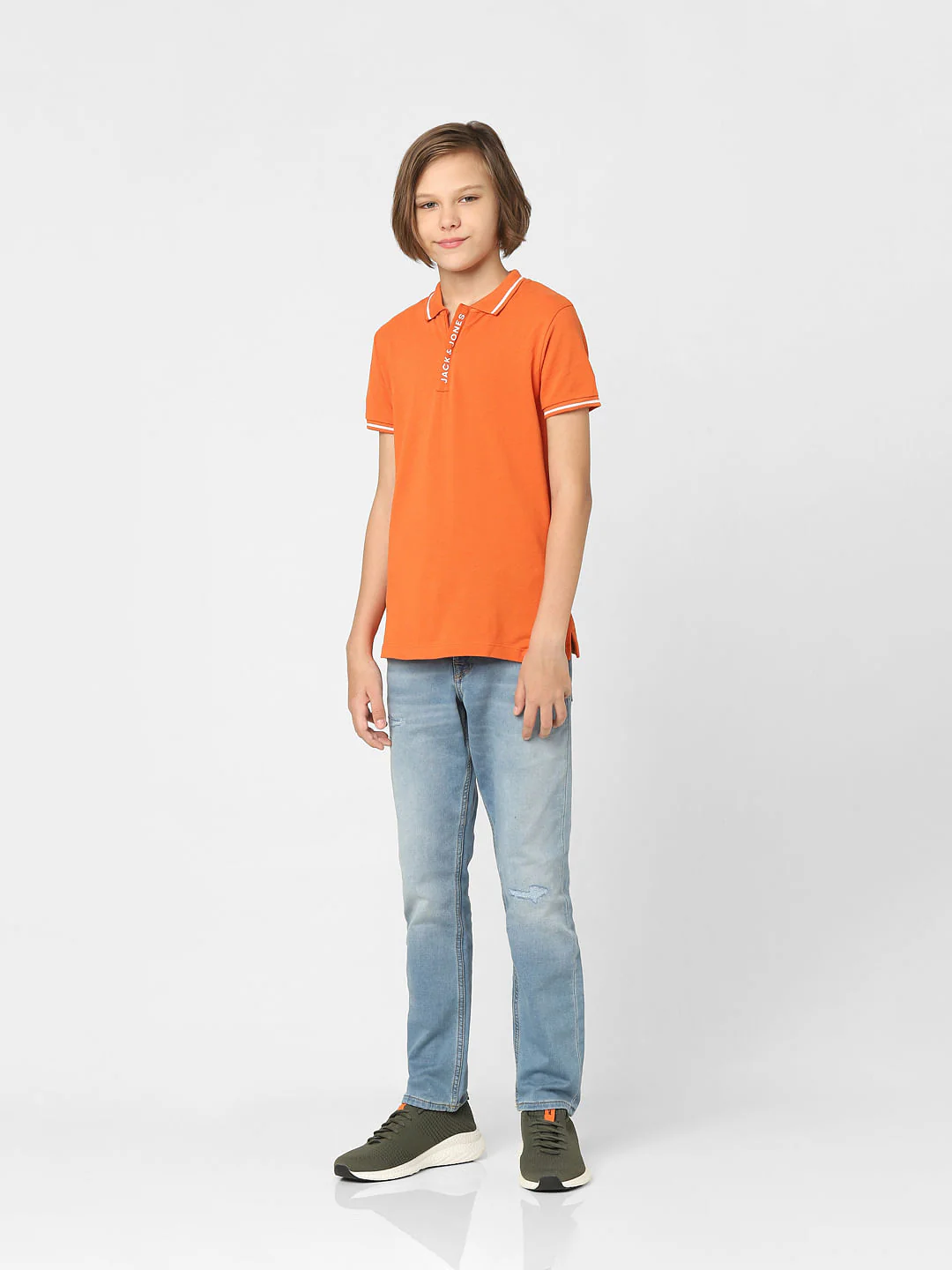 Boys Orange Logo Print Polo Neck T-shirt - Image 6