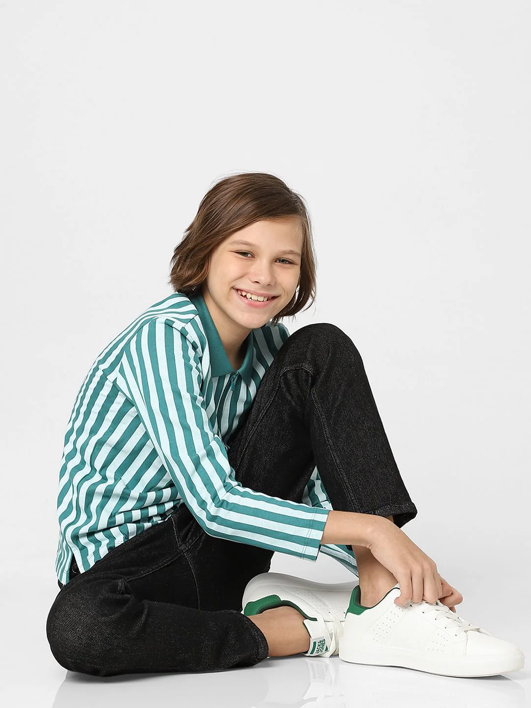 Boys Teal Striped Polo Neck T-shirt