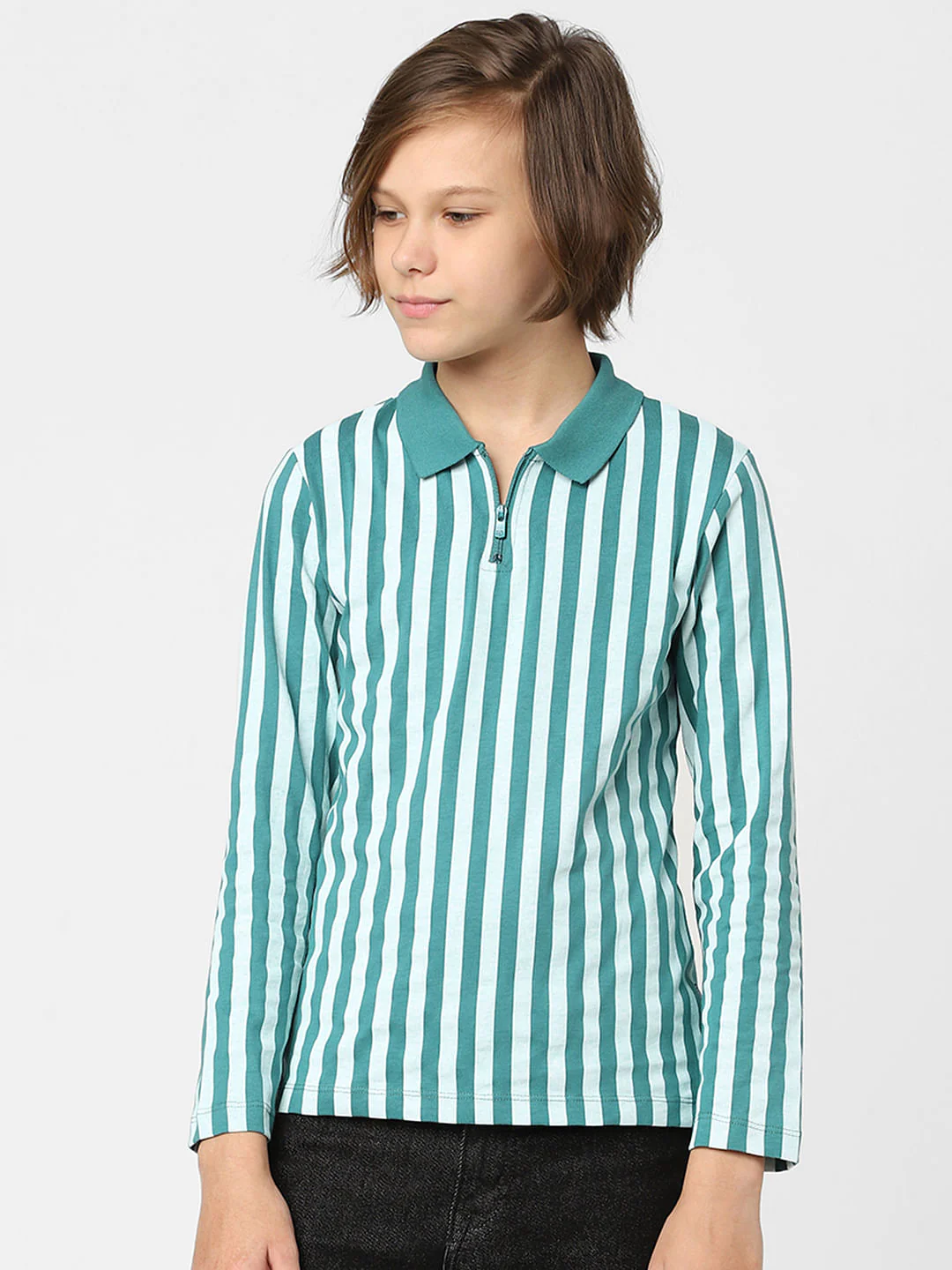 Boys Teal Striped Polo Neck T-shirt - Image 2
