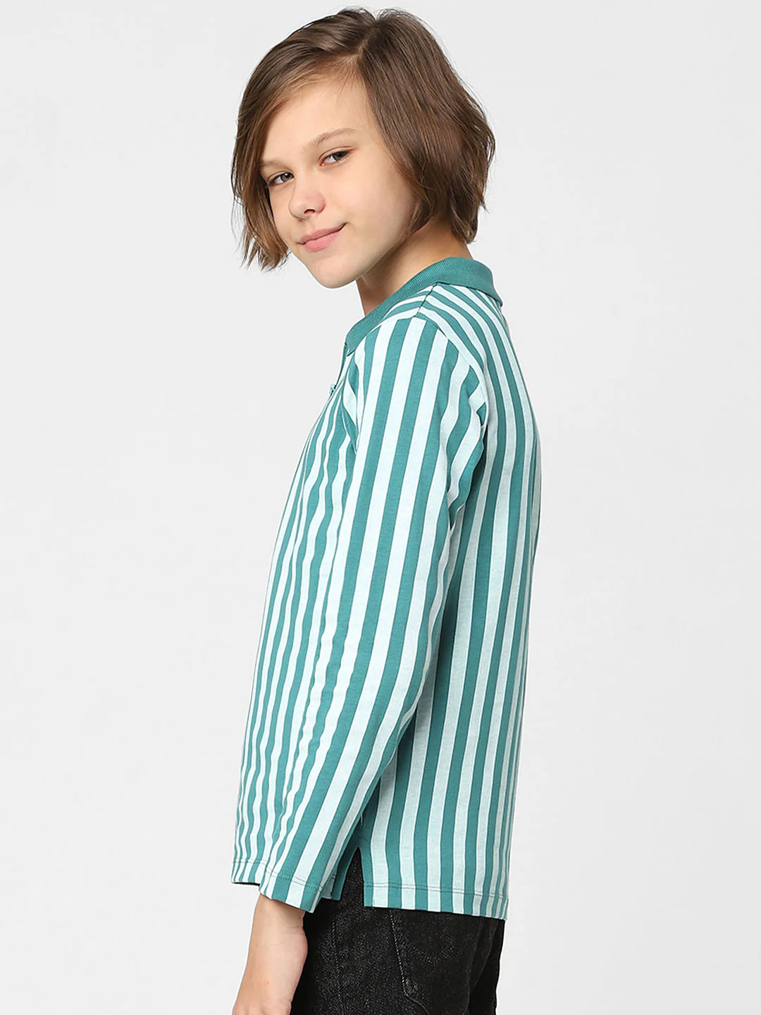 Boys Teal Striped Polo Neck T-shirt - Image 3