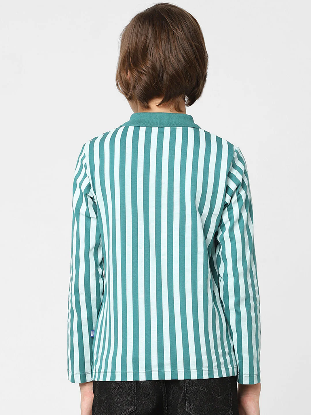 Boys Teal Striped Polo Neck T-shirt - Image 4