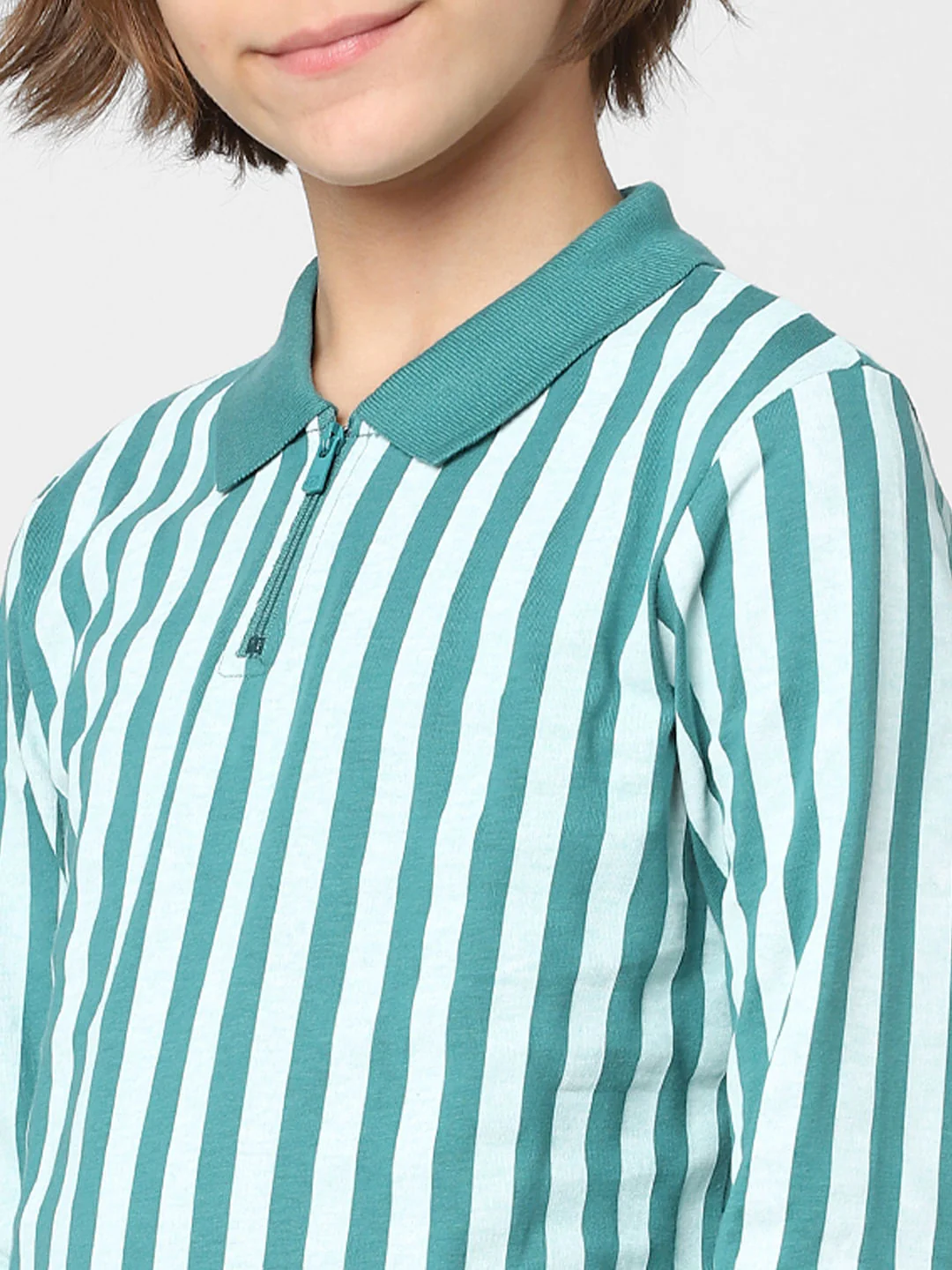 Boys Teal Striped Polo Neck T-shirt - Image 5