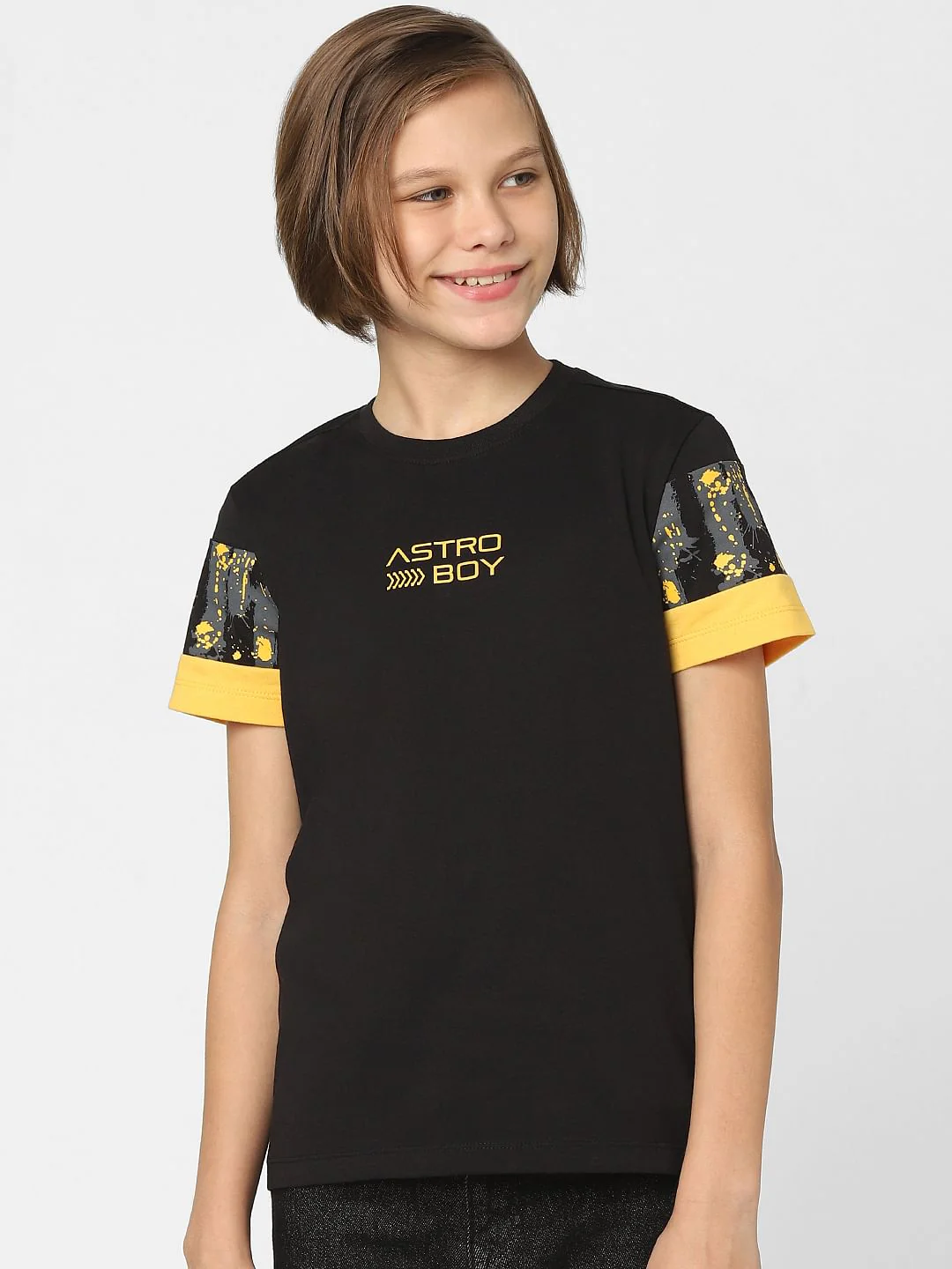 Boys Black Printed Crew Neck T-shirt - Image 2