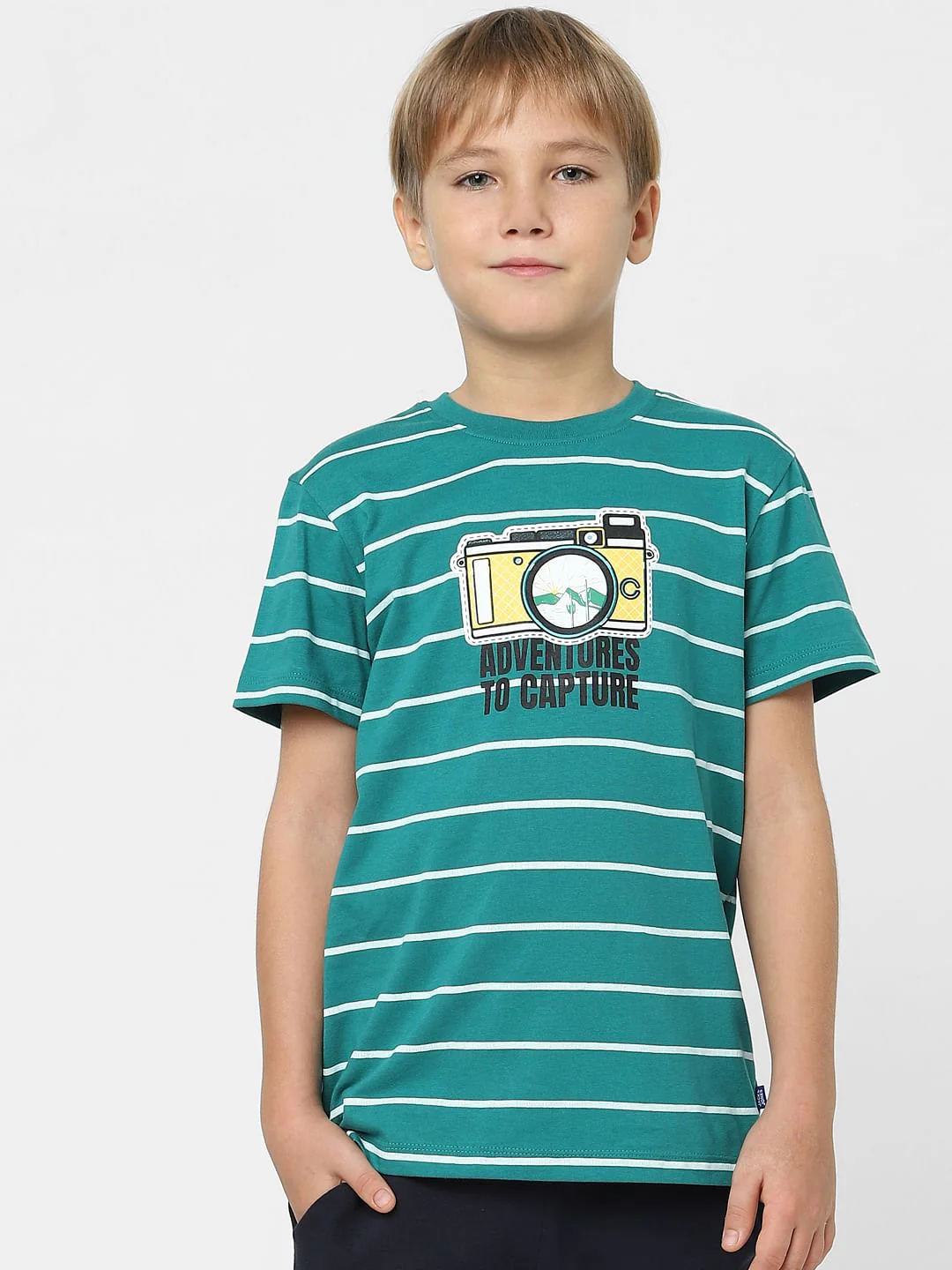 Boys Green Striped Crew Neck T-shirt - Image 2