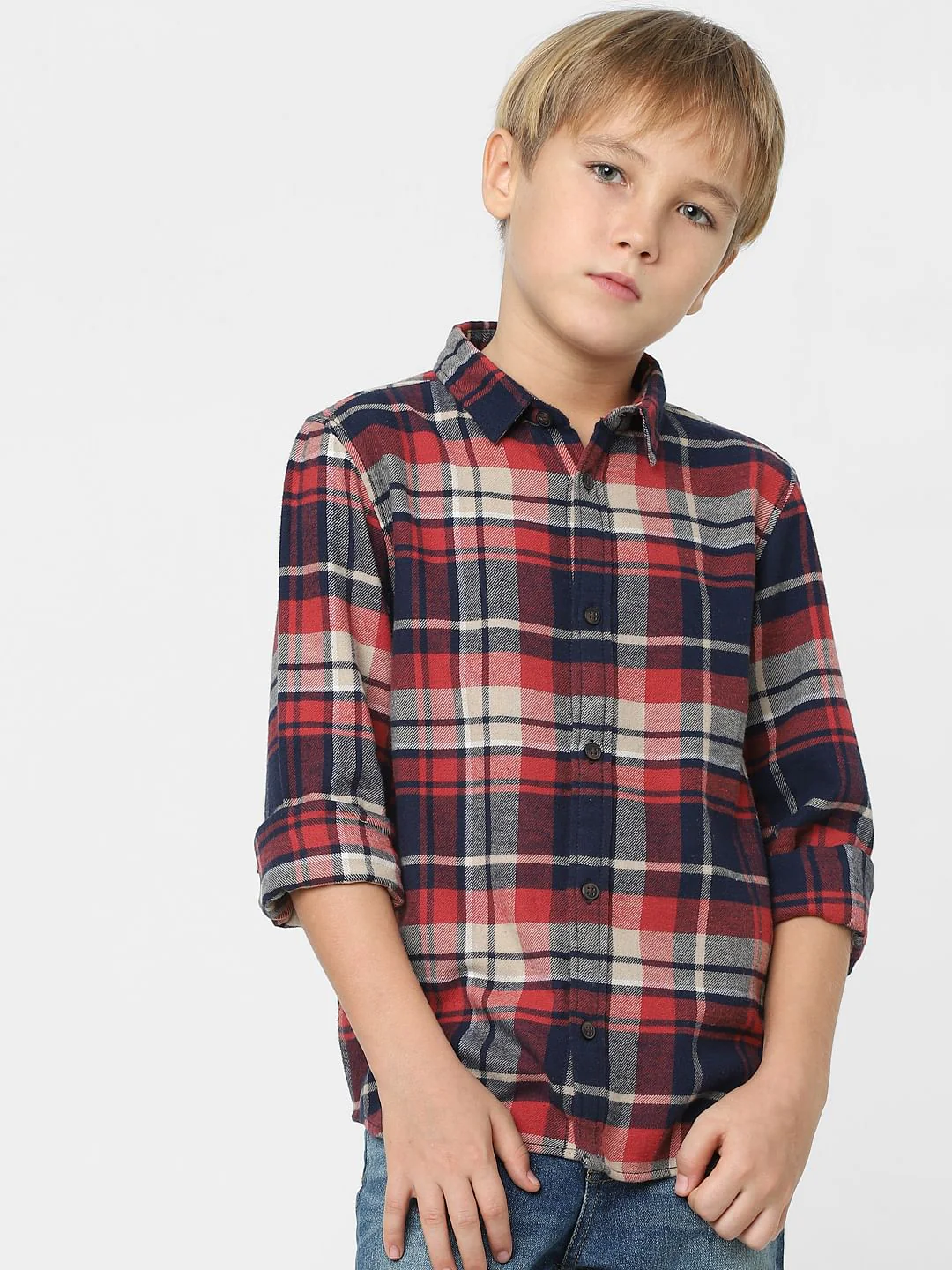 Boys Red Check Full Sleeves Shirt - Image 2