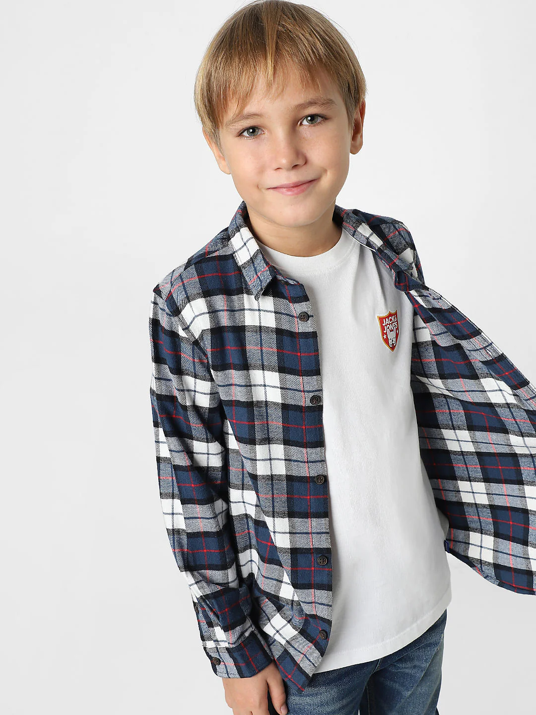 Boys White Check Full Sleeves Shirt