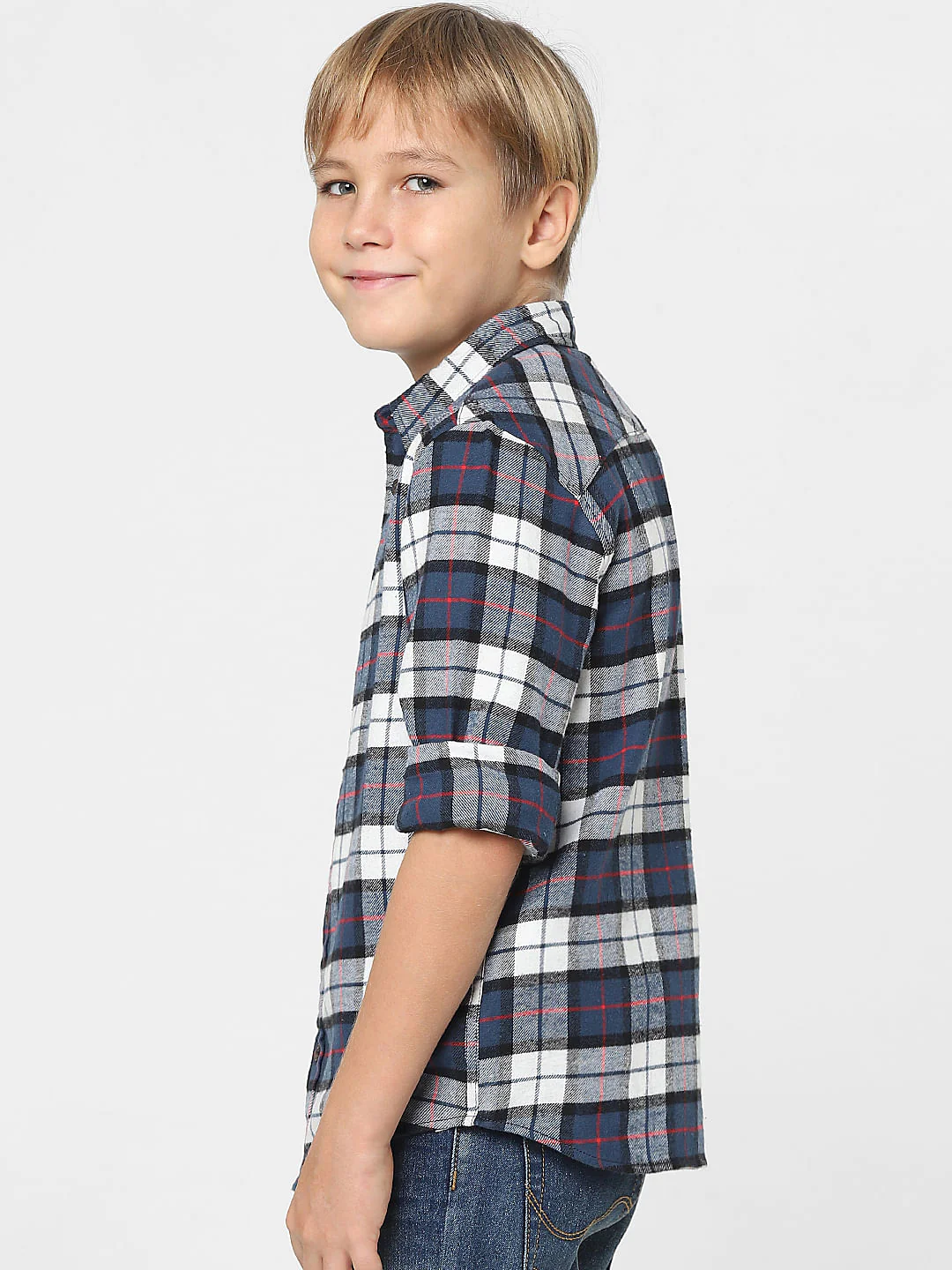 Boys White Check Full Sleeves Shirt - Image 3