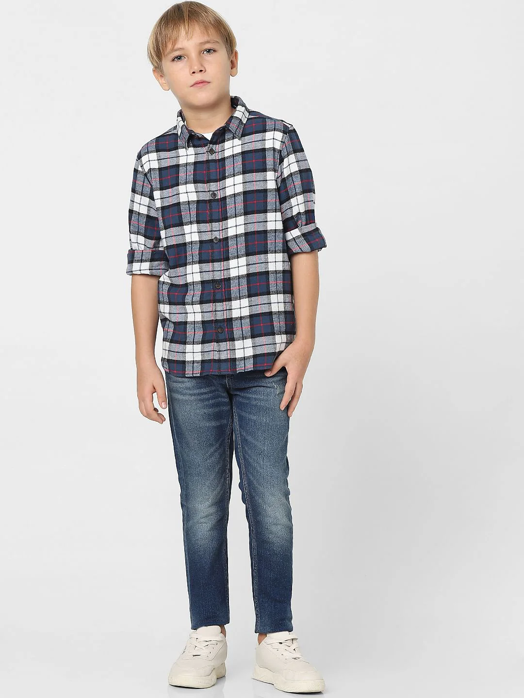 Boys White Check Full Sleeves Shirt - Image 6