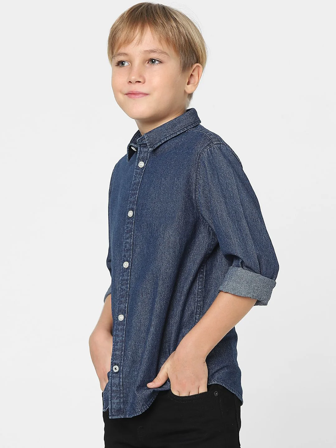 Boys Dark Blue Denim Full Sleeves Shirt - Image 3