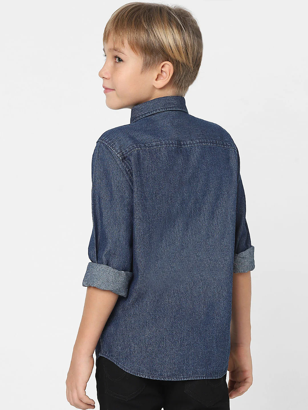 Boys Dark Blue Denim Full Sleeves Shirt - Image 4
