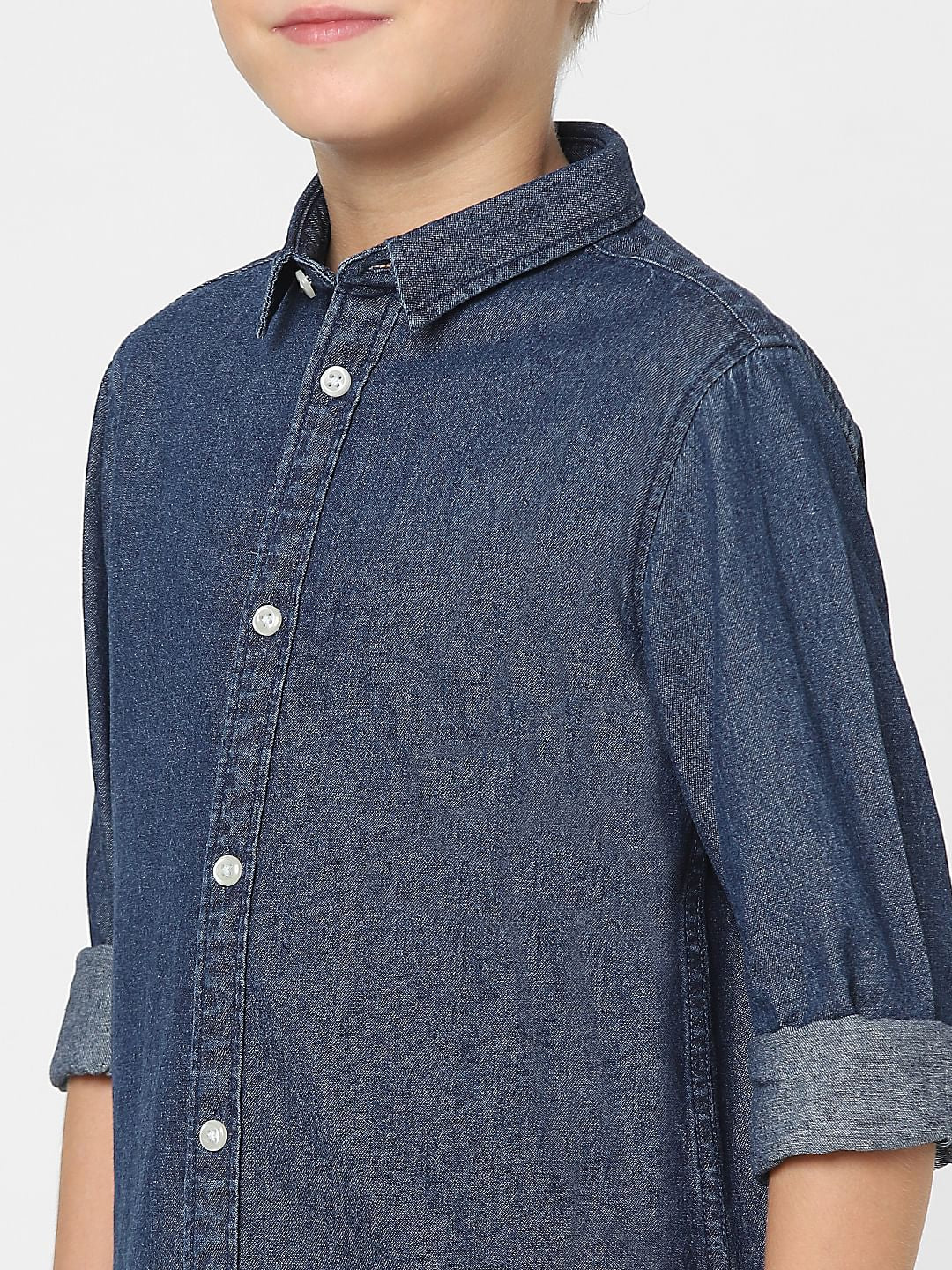 Boys Dark Blue Denim Full Sleeves Shirt - Image 5