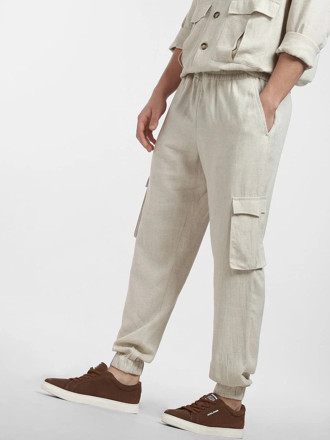 Beige Mid Rise Linen Co-ord Pants - Image 3