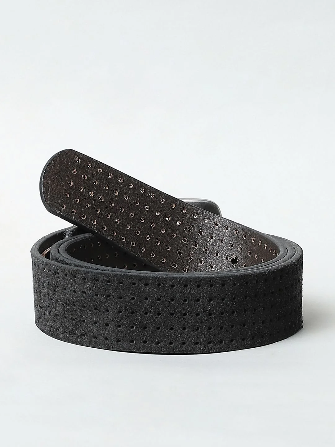 Black Perforated Detail Leather Belt - Image 3
