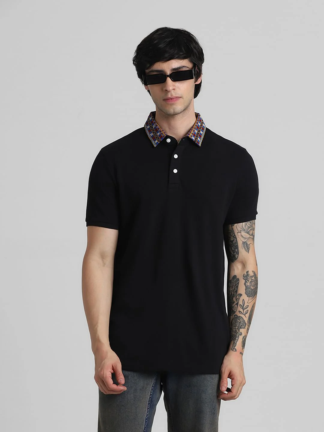 JACK&JONES X KUTCH BLACK PATCHWORK COLLAR POLO T-SHIRT