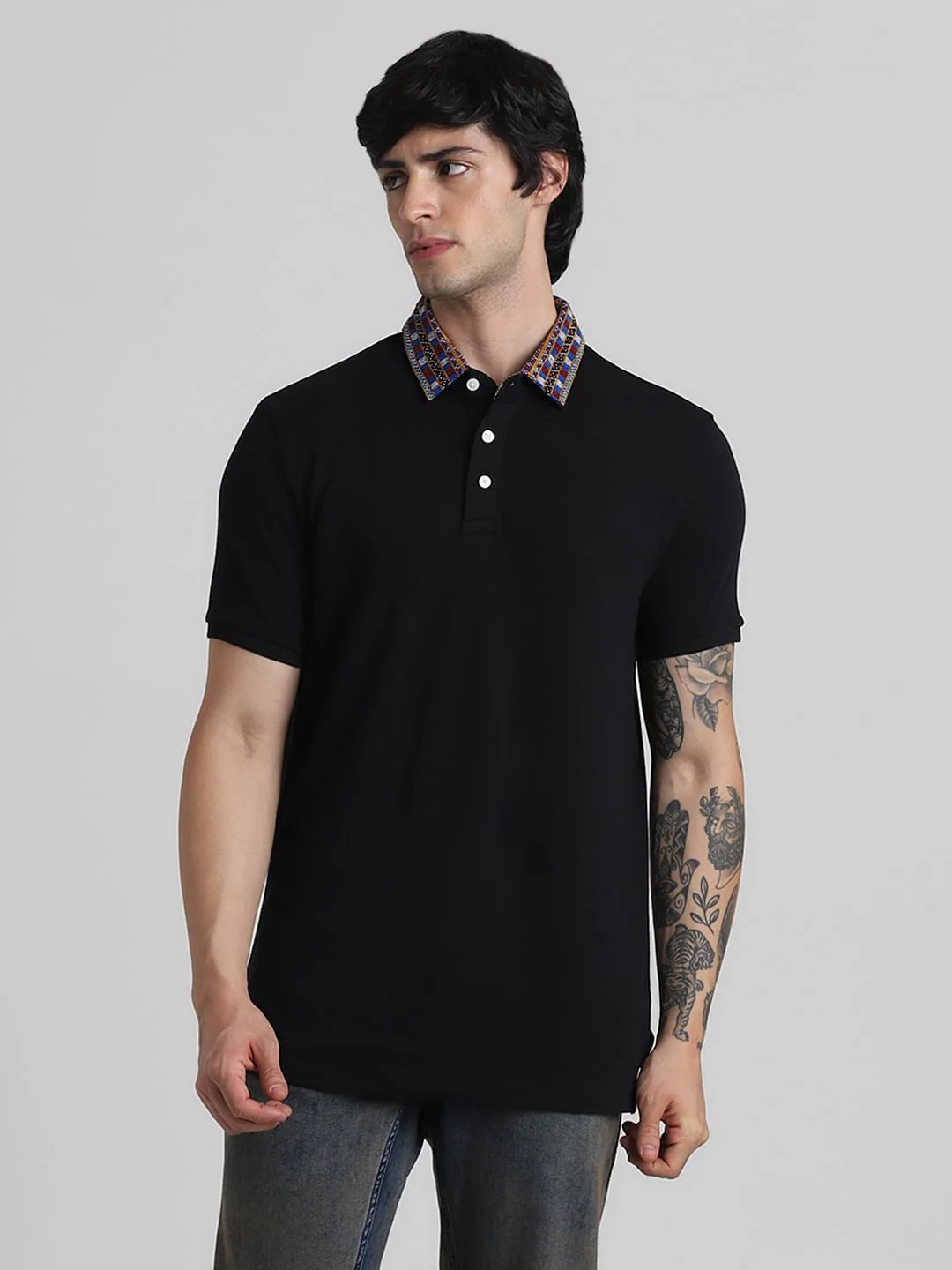JACK&JONES X KUTCH BLACK PATCHWORK COLLAR POLO T-SHIRT - Image 2