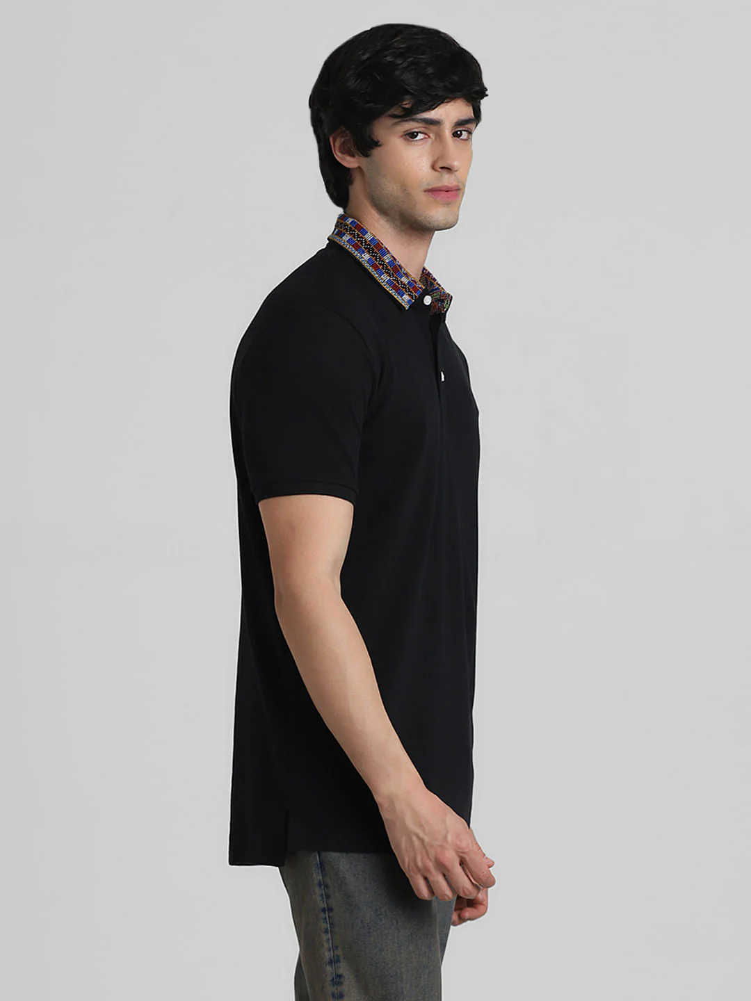 JACK&JONES X KUTCH BLACK PATCHWORK COLLAR POLO T-SHIRT - Image 3