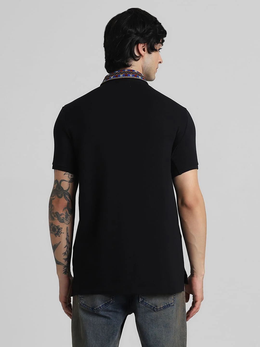 JACK&JONES X KUTCH BLACK PATCHWORK COLLAR POLO T-SHIRT - Image 4