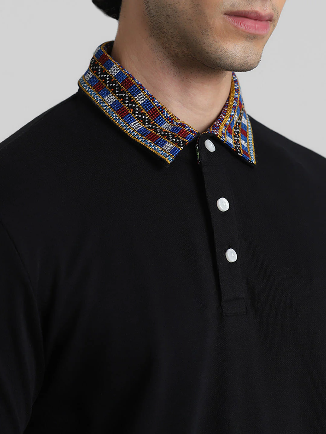 JACK&JONES X KUTCH BLACK PATCHWORK COLLAR POLO T-SHIRT - Image 5