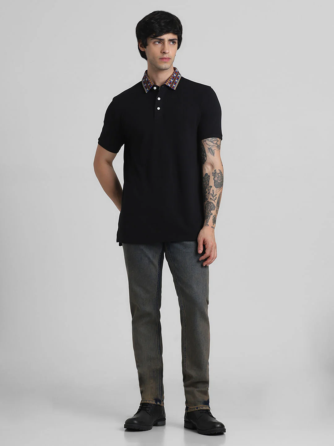JACK&JONES X KUTCH BLACK PATCHWORK COLLAR POLO T-SHIRT - Image 6