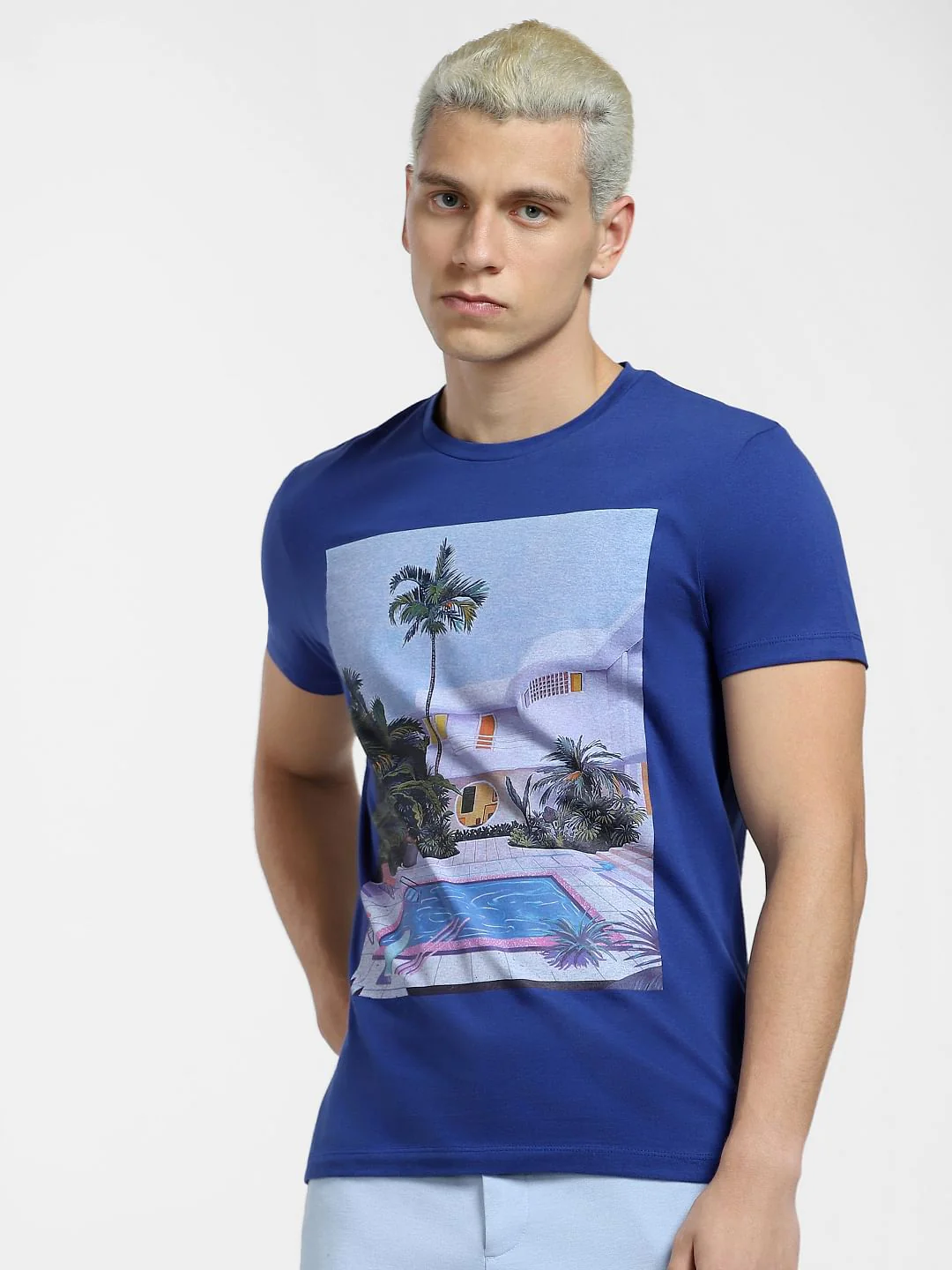 Dark Blue Graphic Print Crew Neck T-shirt - Image 2