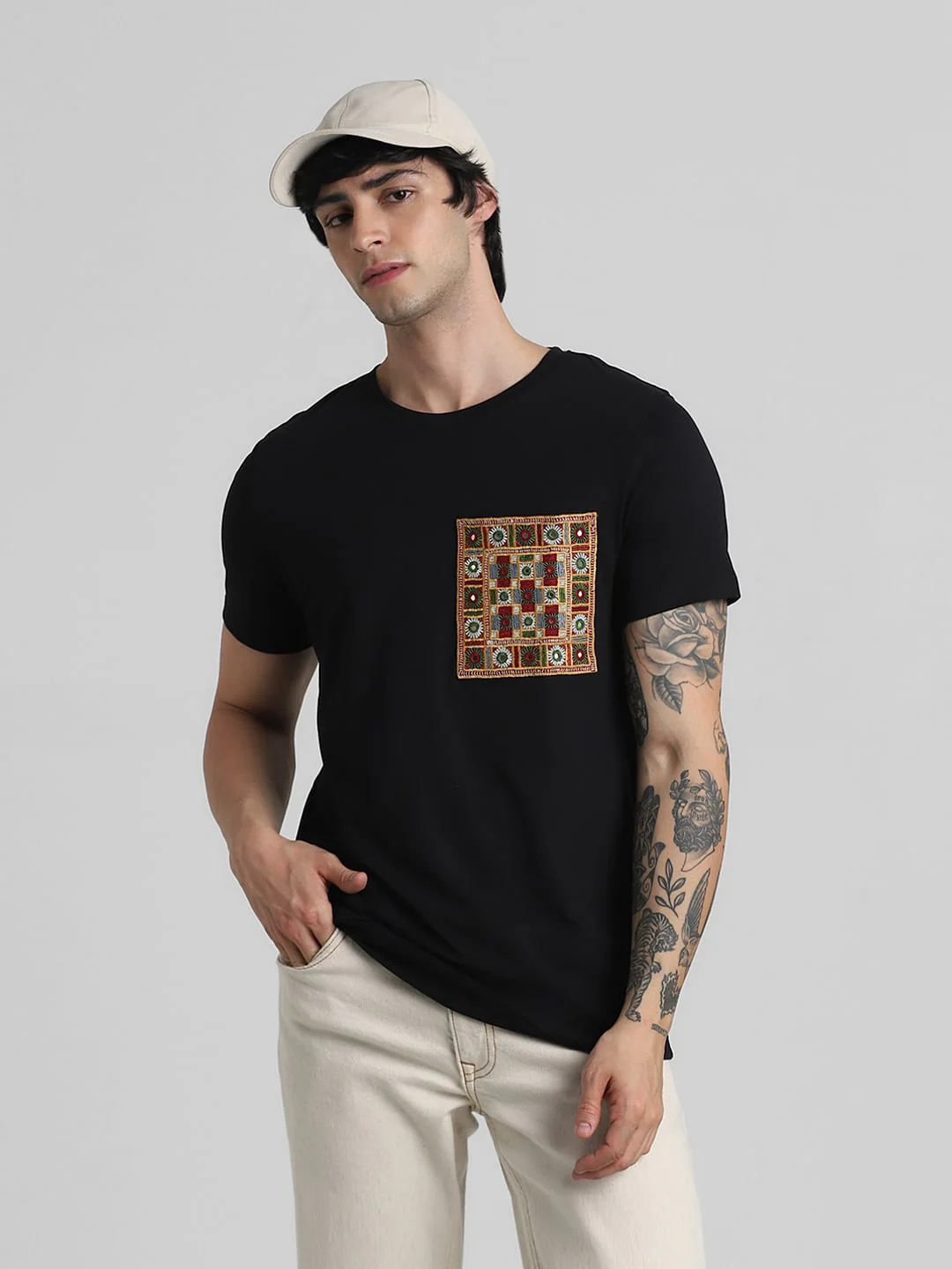 JACK&JONES X KUTCH BLACK PATCHWORK DETAIL T-SHIRT