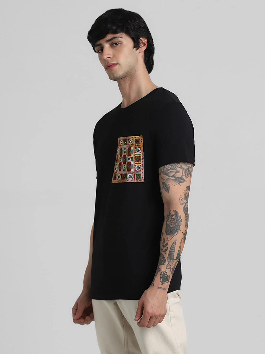 JACK&JONES X KUTCH BLACK PATCHWORK DETAIL T-SHIRT - Image 3