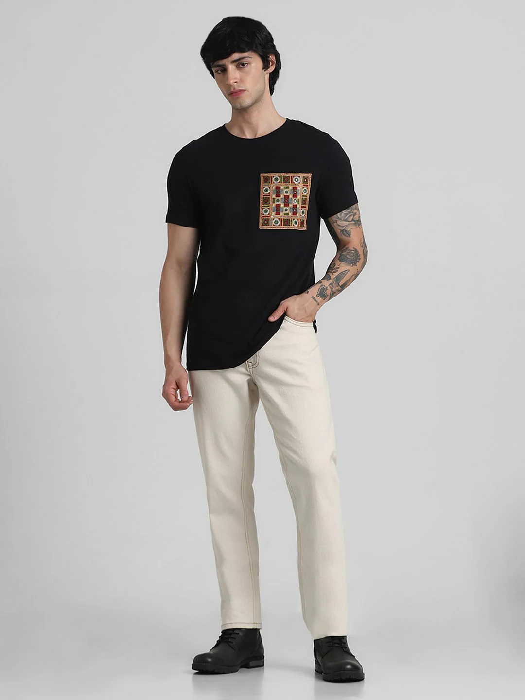 JACK&JONES X KUTCH BLACK PATCHWORK DETAIL T-SHIRT - Image 7