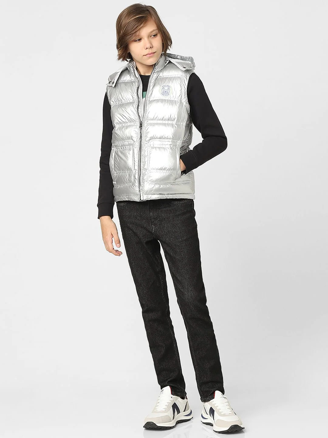 Boys Silver Hooded Puffer Jacket - Image 6